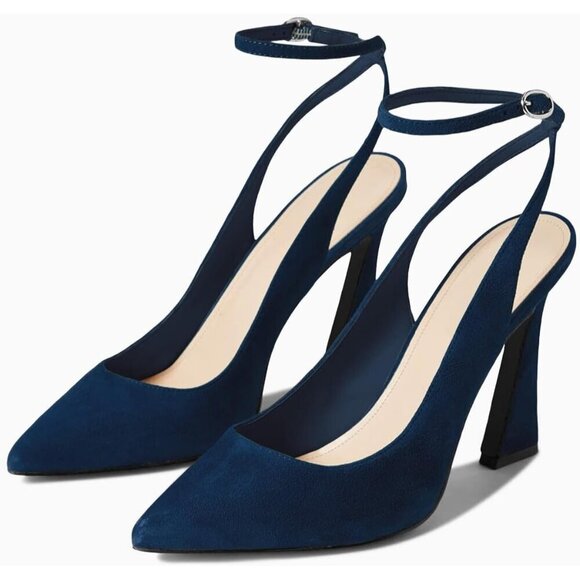 Women\'s  Navy Blue Faux Leather Pointed Toe Closed Ankle Strap Stylish Heel